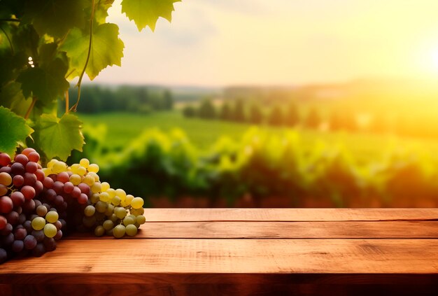 Photo empty wooden table sunny vineyard background with copy space product montage ai generated