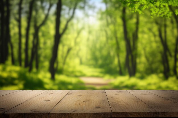 Empty wooden table surface with copy space green forest background