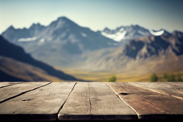 Empty wooden table surface with copy space mountains background