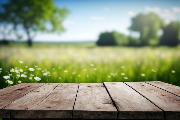 Empty wooden table surface with copy space spring meadow background