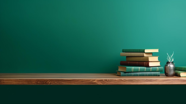 Photo empty wooden table surface with pile of books