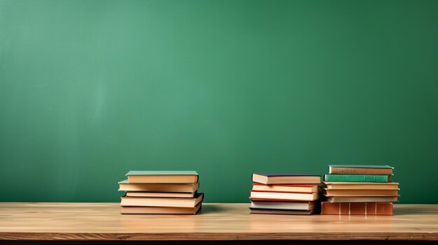 Photo empty wooden table surface with pile of books