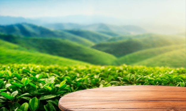 Photo empty wooden table tea plantation hills at sunrise time ai generated