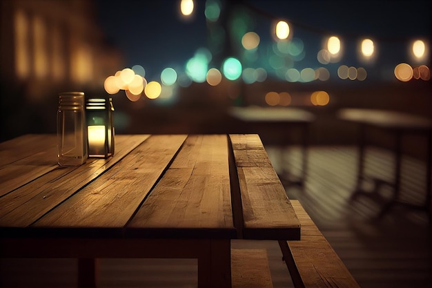 Empty wooden table in a terrace in a nighttime urban settinggenerative ai