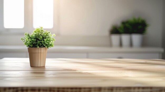 An empty wooden table that has been used as a product photo template with a mini potted plant on to