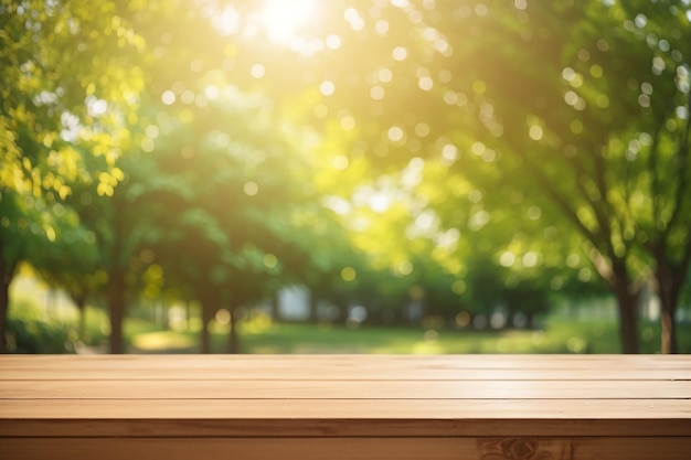 Empty wooden table top and abstract blurred light bokeh and blur background of garden trees in sunlight product display template with copoutdoor table