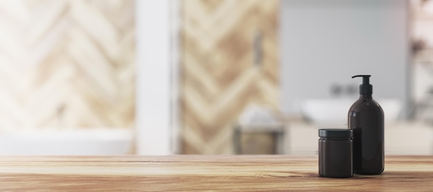 empty wooden table top in bathroom interior with blurred background and black bathroom accessories product presentation concept mockup 3d rendering
