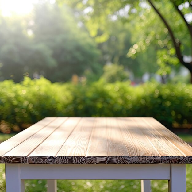 Empty wooden table top on blur garden background product display montage High quality photo