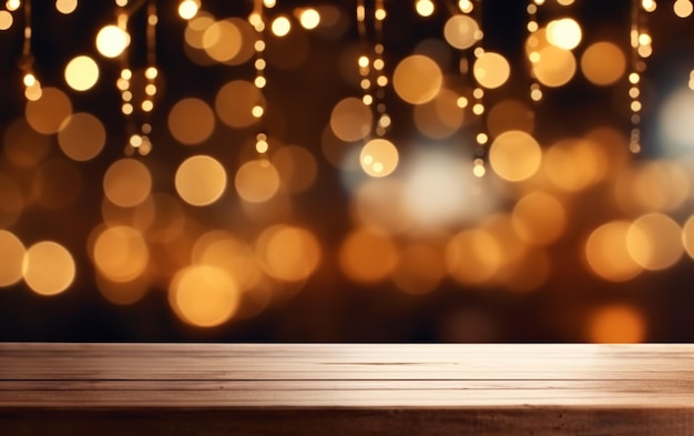 Empty wooden table top on blur light golden bokeh of cafe restaurant bar in a dark background