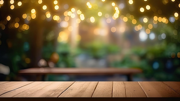 Empty wooden table top blurred bokeh cozy background minimalist product mockup concept Generative AI
