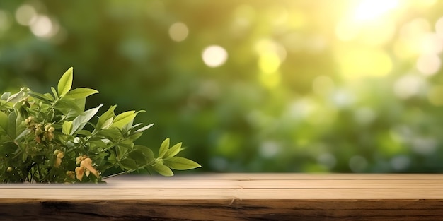 Empty wooden table top on blurred green nature garden background background For product display montage