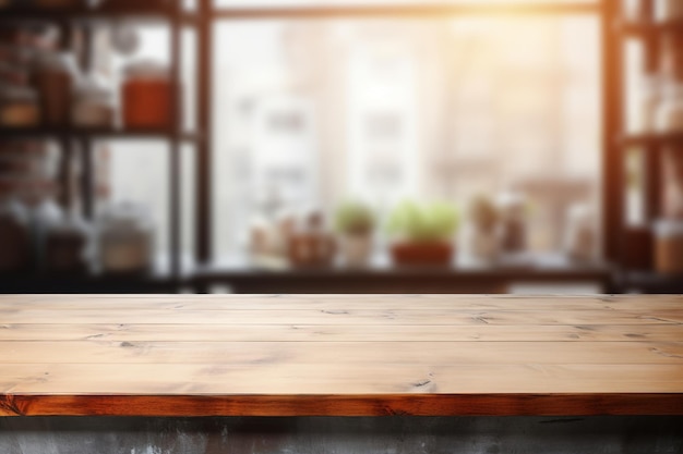 Empty wooden table top and blurred kitchen interior on the background Copy space for your object product food presentation Generative AI