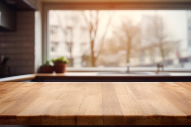 Empty wooden table top and blurred kitchen interior on the background Copy space for your object product food presentation Generative AI