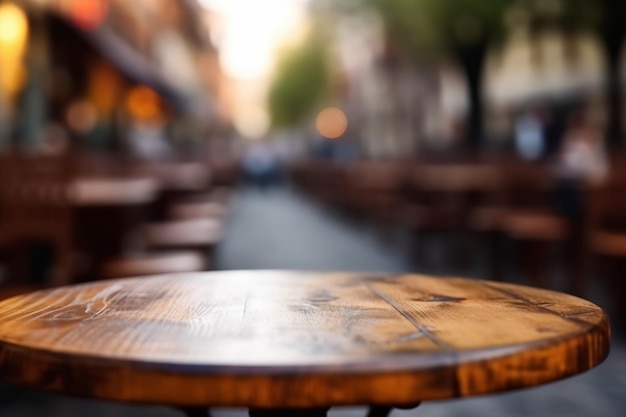 Empty wooden table top and blurred outdoor cafe on the background Copy space for your object product food or drink presentation Generative AI