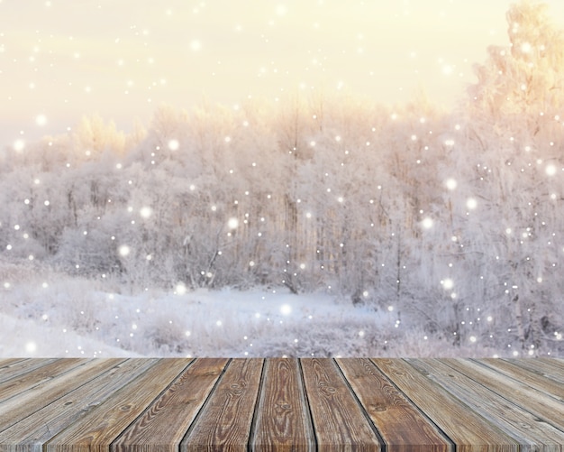 Empty wooden table top on blurred winter backdrop. 