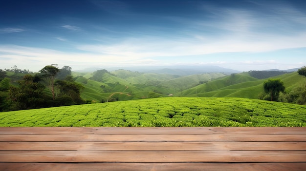 Empty wooden table top in front of tea plantation background minimalist product mockup concept Generative AI