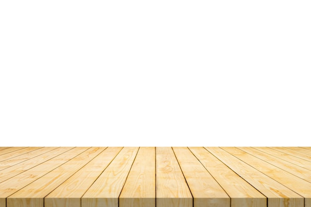 Empty wooden table top isolated on white background for product display montage