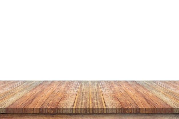 Piano tavolo in legno vuoto isolato su sfondo bianco per la visualizzazione del prodotto