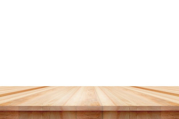 Photo empty wooden table top isolated on white background, used for display or montage your products.