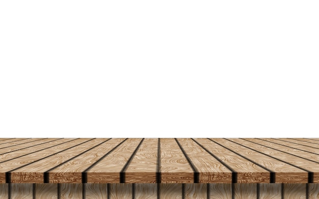 Empty wooden table top isolated on white background Used for displaying or editing products.