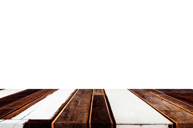 Empty wooden table top on isolated white, Template mock up for display of product.