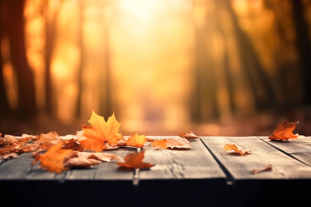 Photo empty wooden table top product display showcase stage on autumn forest background generative ai