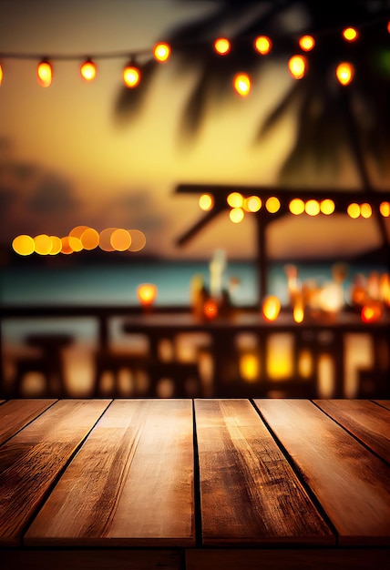 Empty wooden table top product display showcase stage Tropical summer sunset beach bar background Generative ai