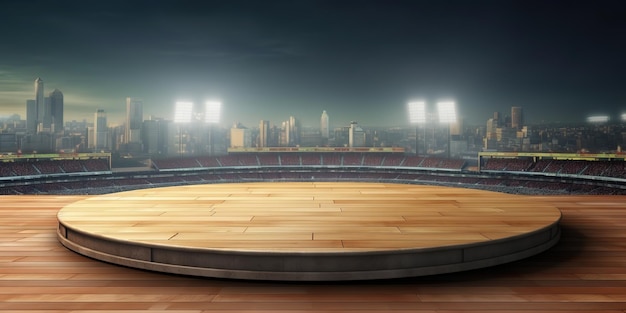 Empty wooden table top product display showcase stage with large sports stadium background