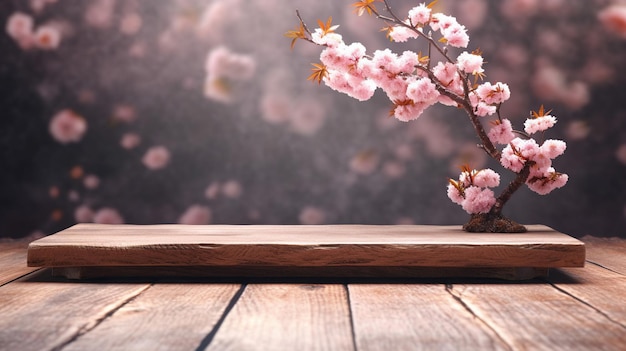 Empty wooden table top product display showcase stage with spring cherry blossom background Generative ai