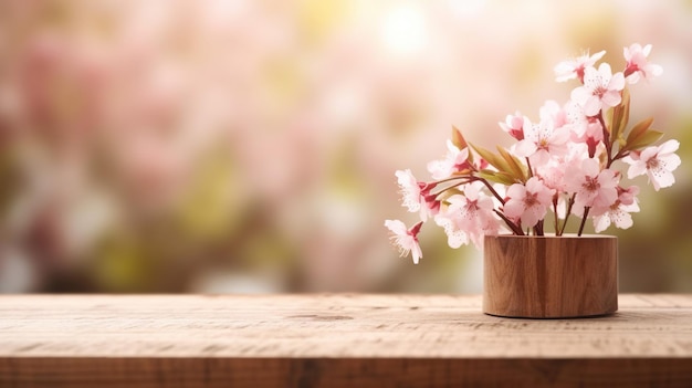 Empty wooden table top product display showcase stage with spring cherry blossom background Generative ai