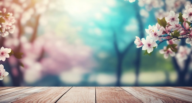Empty wooden table top product display showcase stage with spring cherry blossom background Generative ai