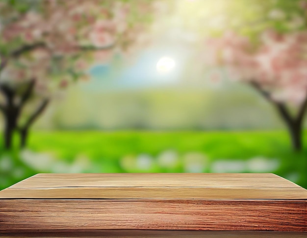 Empty wooden table top product display showcase stage with spring cherry blossom background