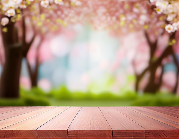 Empty wooden table top product display showcase stage with spring cherry blossom background