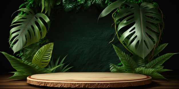empty wooden table top product display showcase stage with tropical lush jungle leaves background