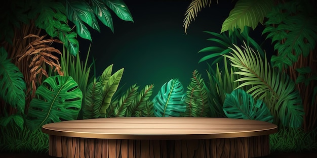 пустая деревянная столешница, витрина, витрина, сцена с тропическими пышными листьями джунглей, фон