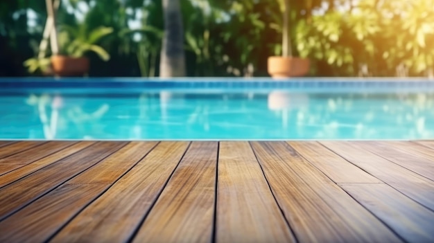 Foto mottaggio di modello di tavolo di legno vuoto con sfondo sfocato della piscina