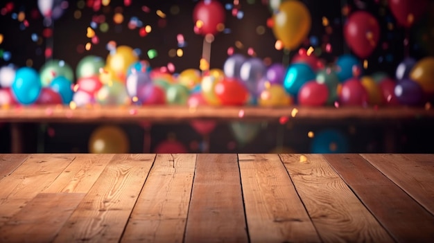 Empty wooden table top white party birthday background blurred good for product display Generative AI