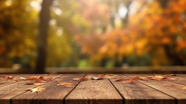 ぼんやりした秋の葉の背景の空の木製のテーブルトップ