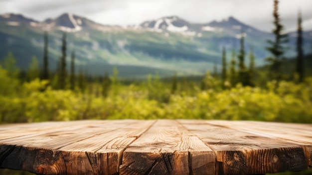 알래스카 자연의 흐릿한 배경이 있는 빈 나무 탁자 위에 풍부한 이미지