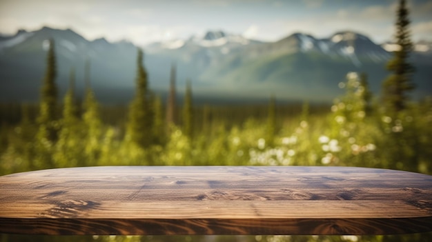 The empty wooden table top with blur background of Alaska nature Exuberant image