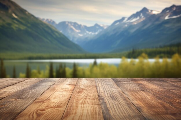 Foto il piano del tavolo in legno vuoto con sfondo sfocato della natura esuberante dell'alaska