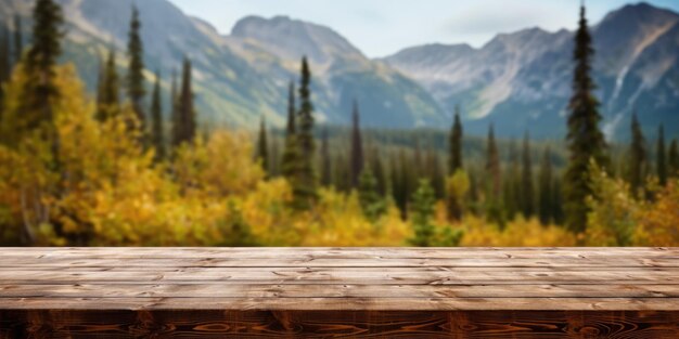 Photo the empty wooden table top with blur background of alaska nature exuberant