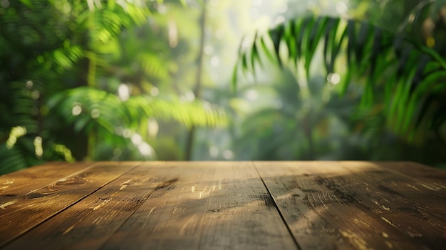 The empty wooden table top with blur background of Amazon rainforest Exuberant image Generative AI