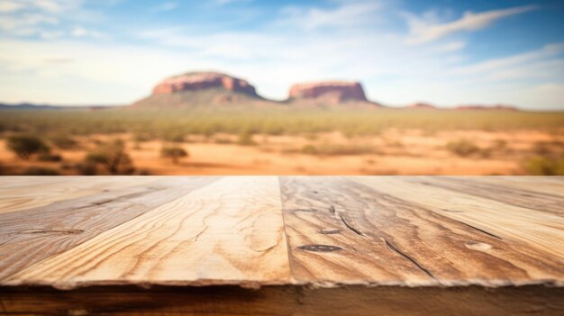 Photo the empty wooden table top with blur background of australian outback exuberant image