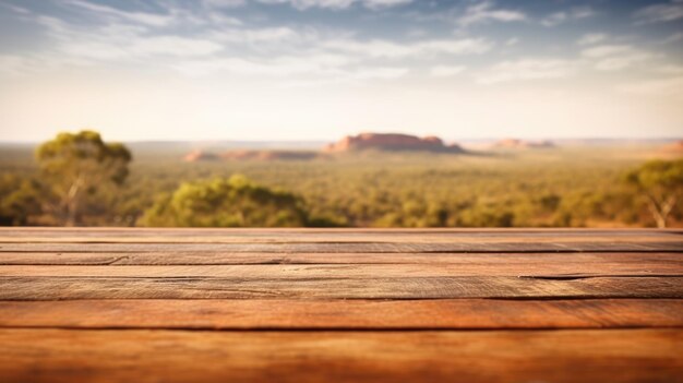 Photo the empty wooden table top with blur background of australian outback exuberant