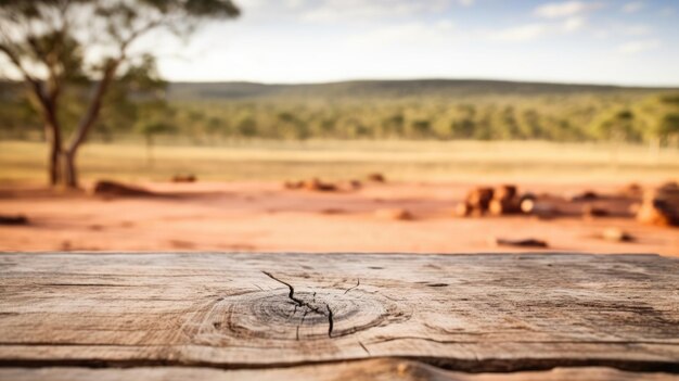 Photo the empty wooden table top with blur background of australian outback exuberant