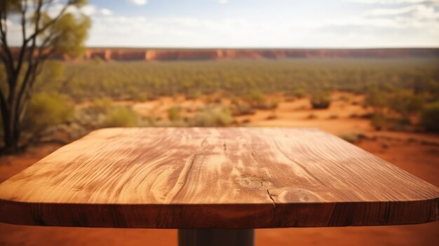 Photo the empty wooden table top with blur background of australian outback generative ai aig30