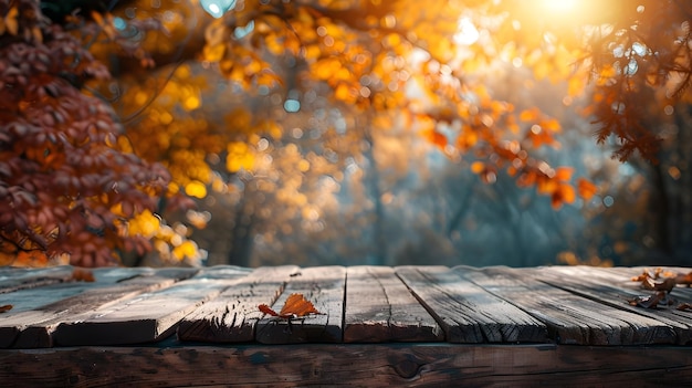 秋のぼんやりした背景の空の木製のテーブルトップ