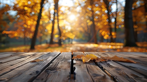 秋のぼんやりした背景の空の木製のテーブルトップ