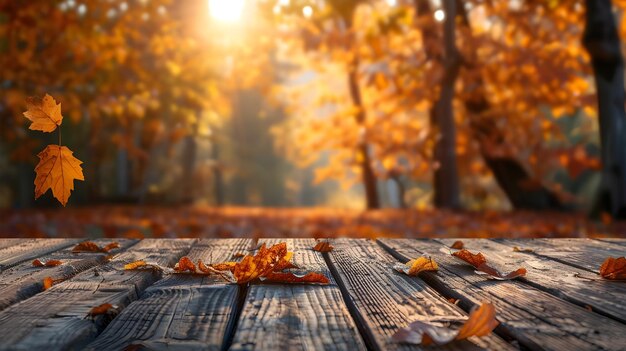 The empty wooden table top with blur background of autum